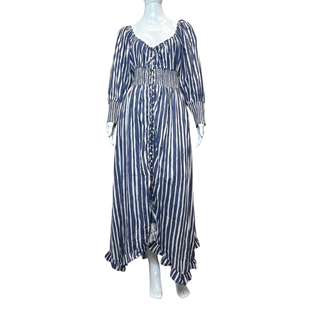 NWT By Anthropology Blue/White Chambray Stripe Smocked Waist Midi Dress Size M